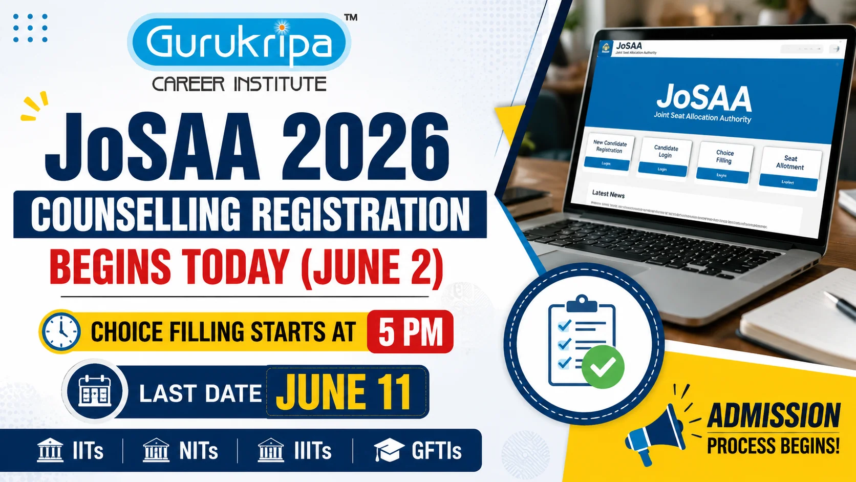 JoSAA 2026 Counselling Registration Begins Today (June 2): Choice Filling Starts at 5 PM, Check Complete Process, Important Dates & Documents Required